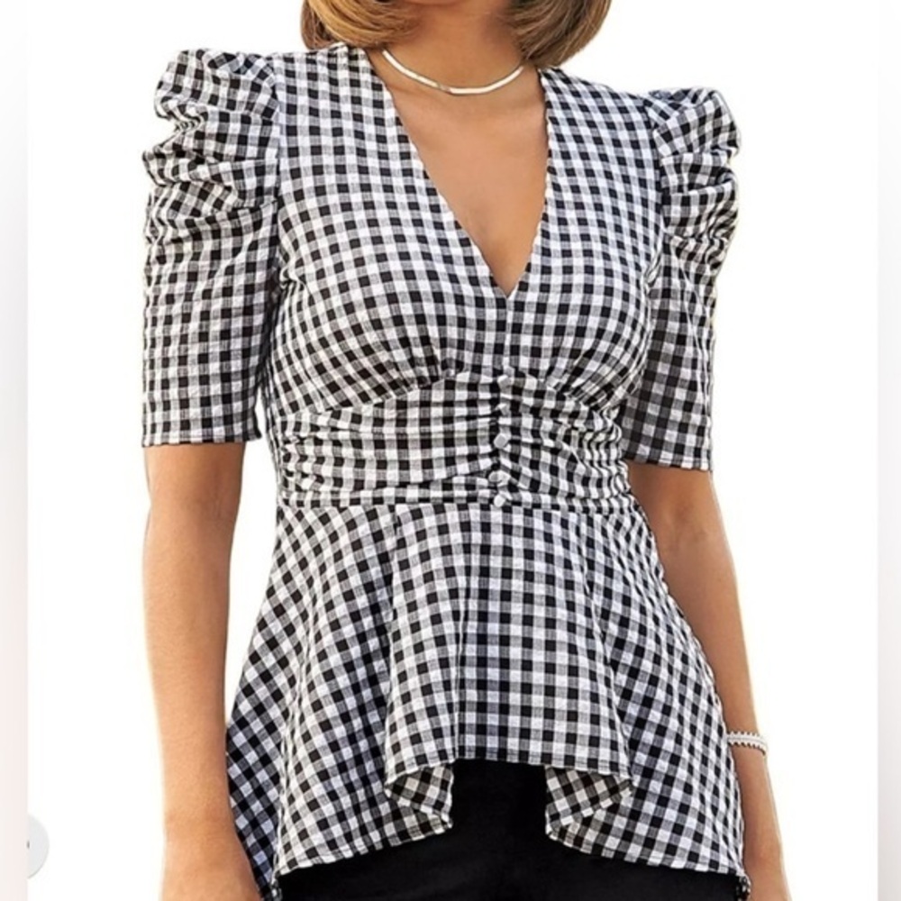 NWOT Boston Proper gingham checked puff sleeve high low top blouse 8